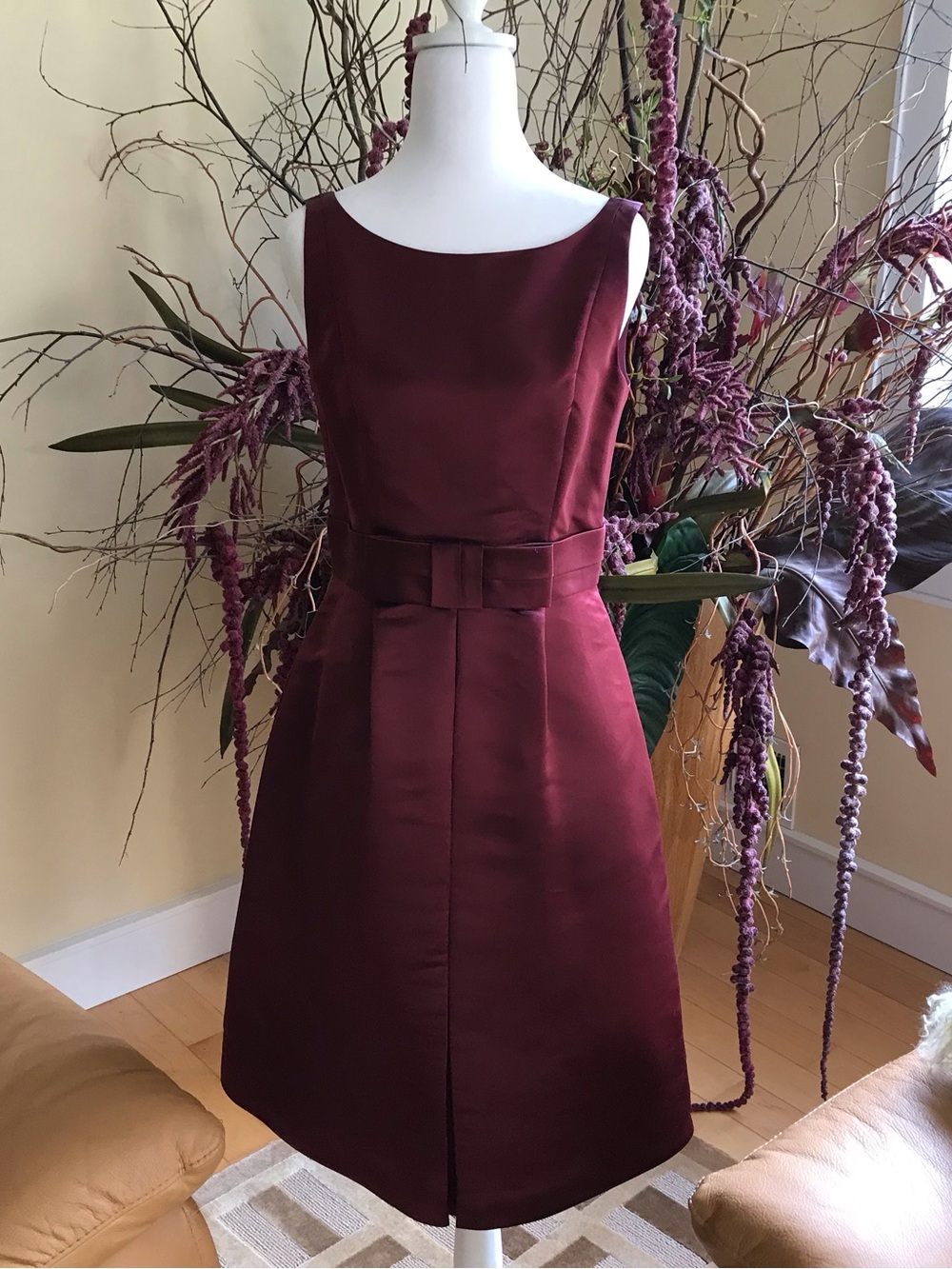 Ann Taylor Sleeveless Wine A-Line Dress with Waist Bow